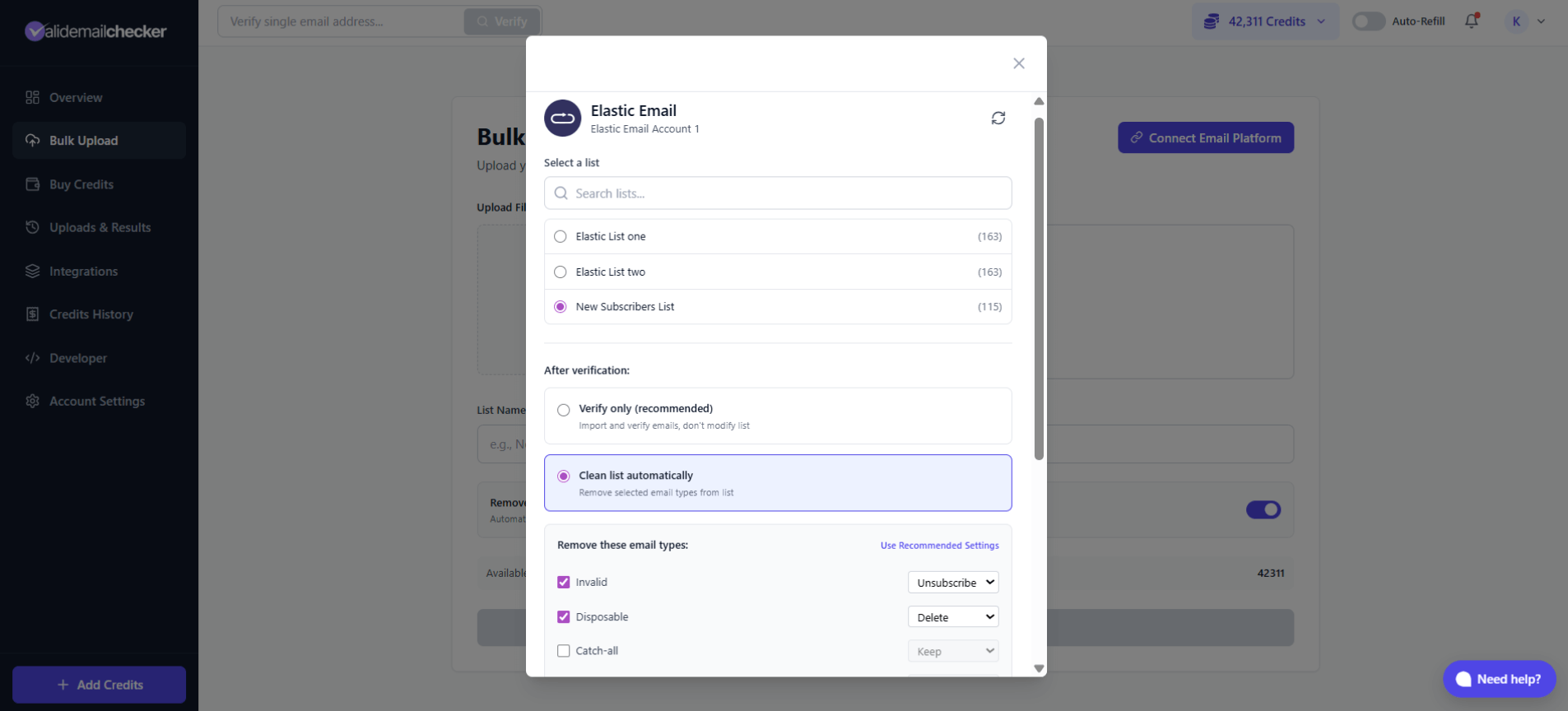 Valid Email Checker list selection showing Elastic Email lists with subscriber counts and verification options