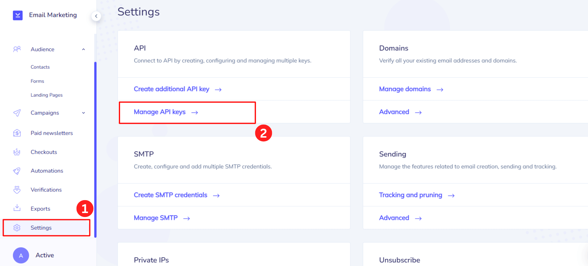 Elastic Email settings page showing API section with Manage API keys link