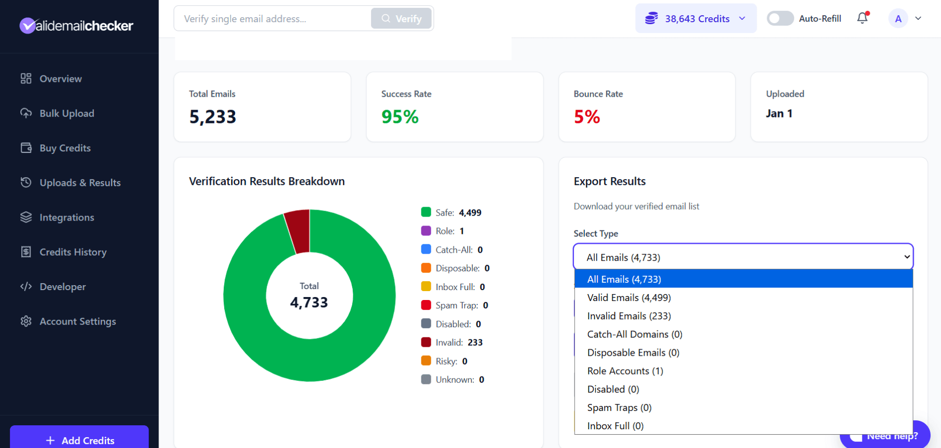 Export type dropdown showing filter options