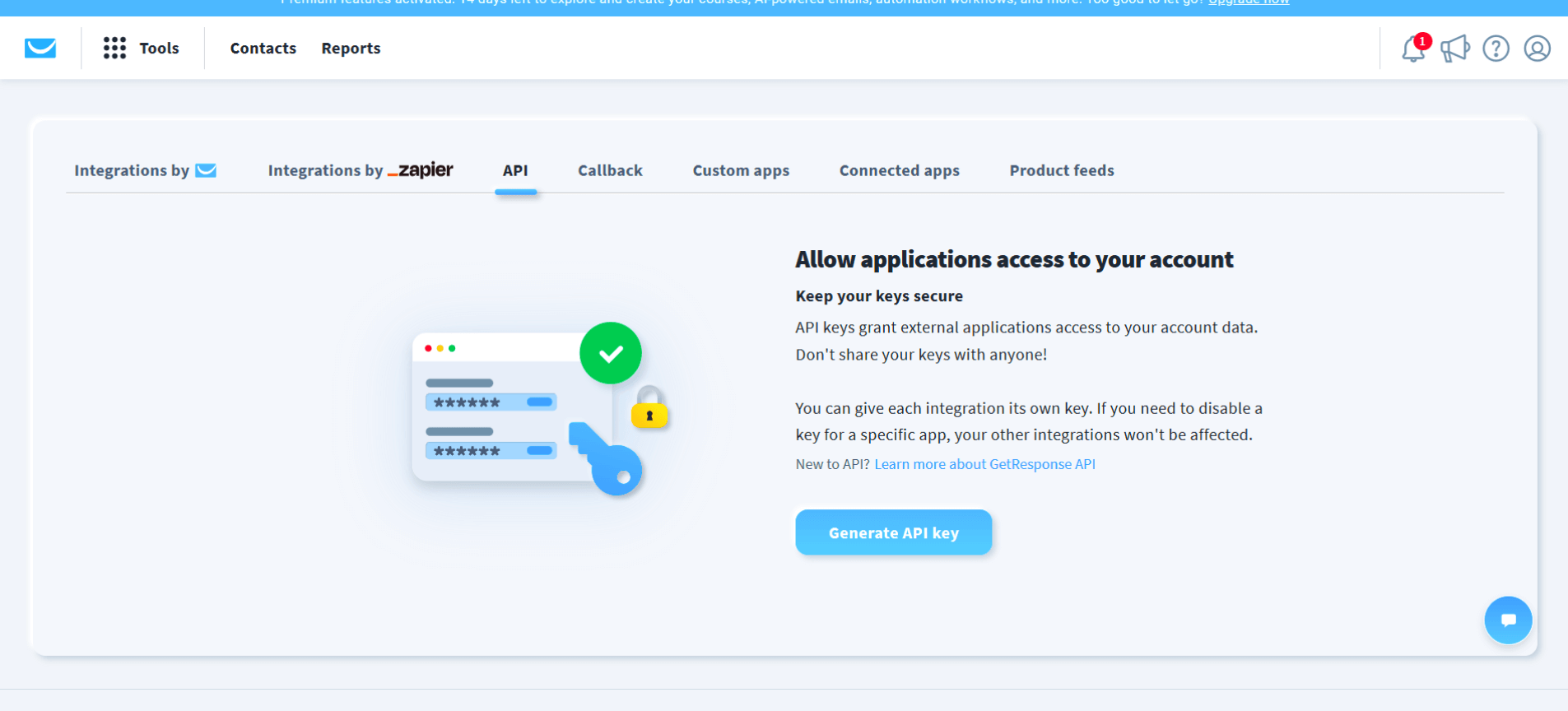 GetResponse API settings page with Generate API key button