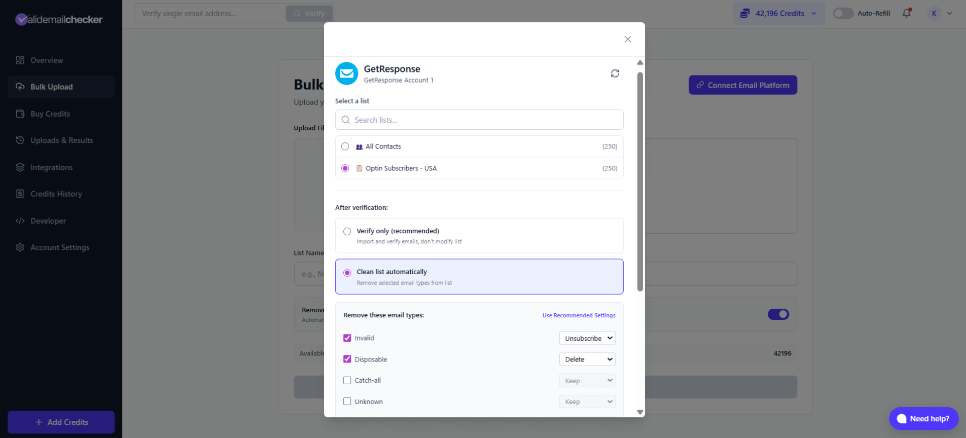 GetResponse list selection showing contacts and verification options