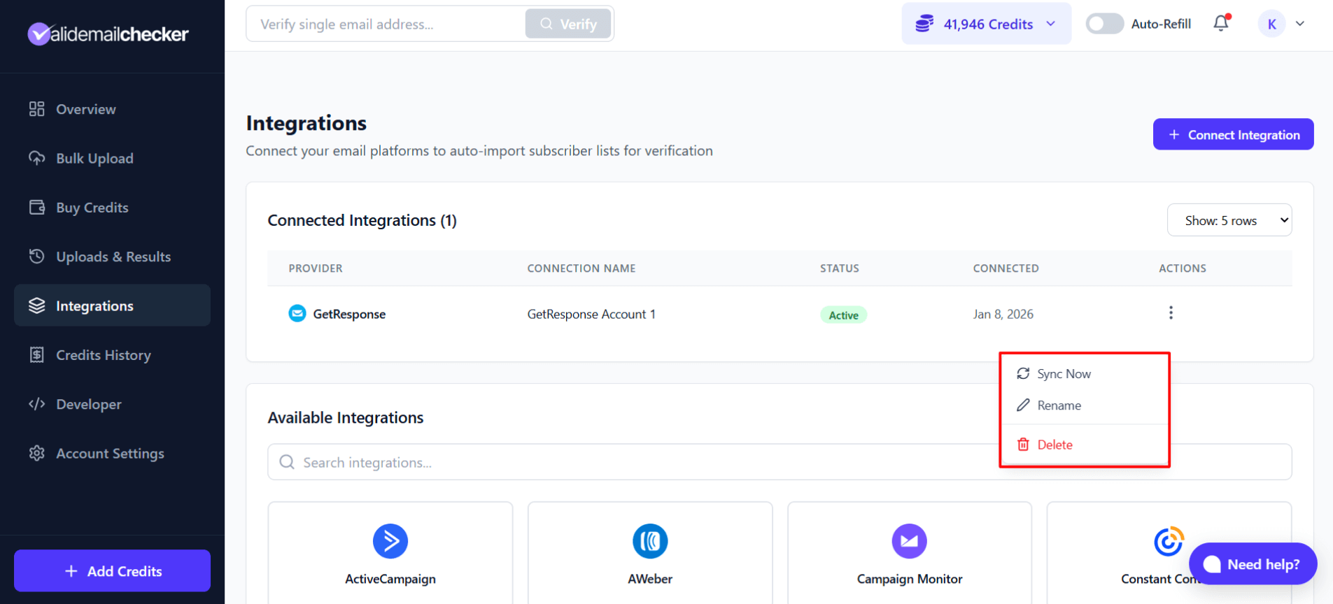 Integrations page showing GetResponse connection with management options