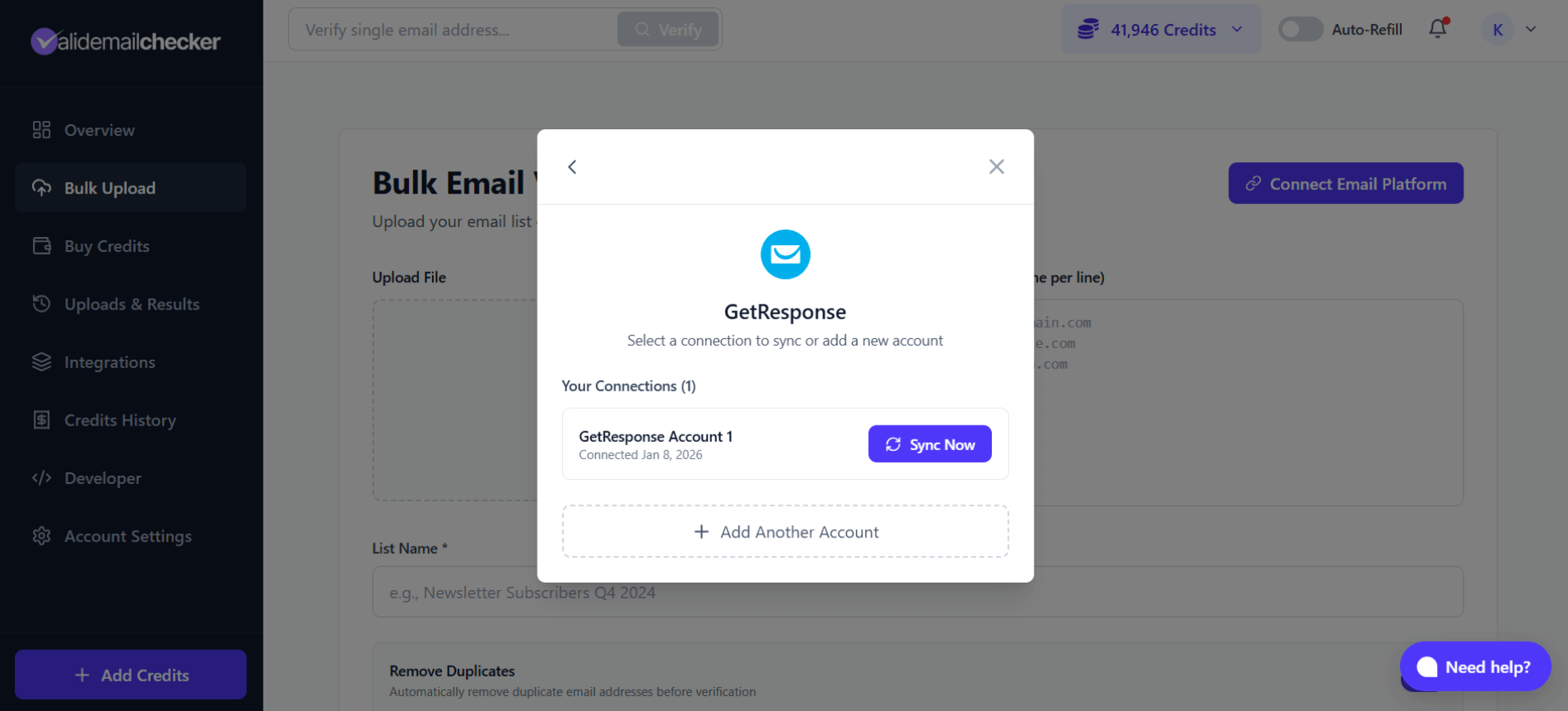 Multiple GetResponse accounts modal with Add Another Account option