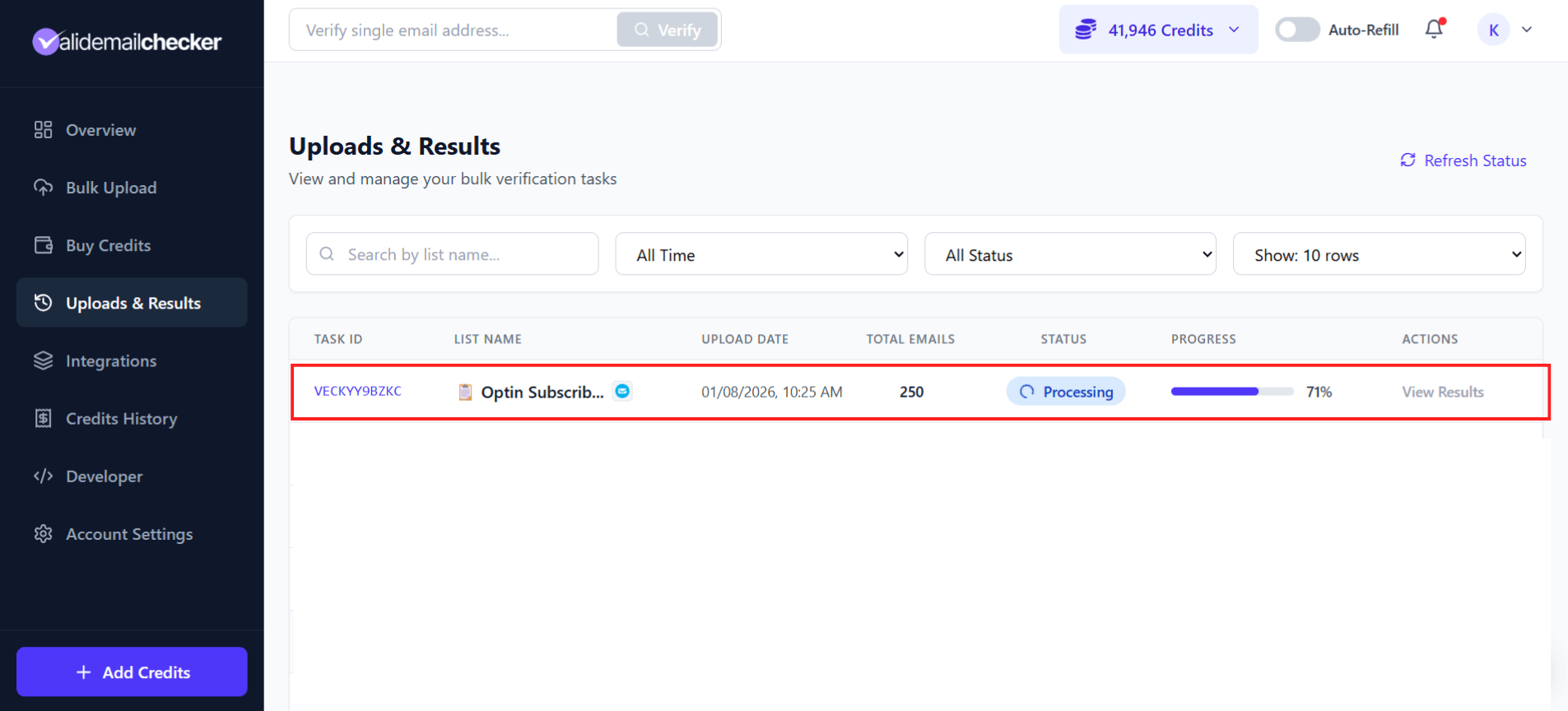 Verification progress showing 71% complete for GetResponse list