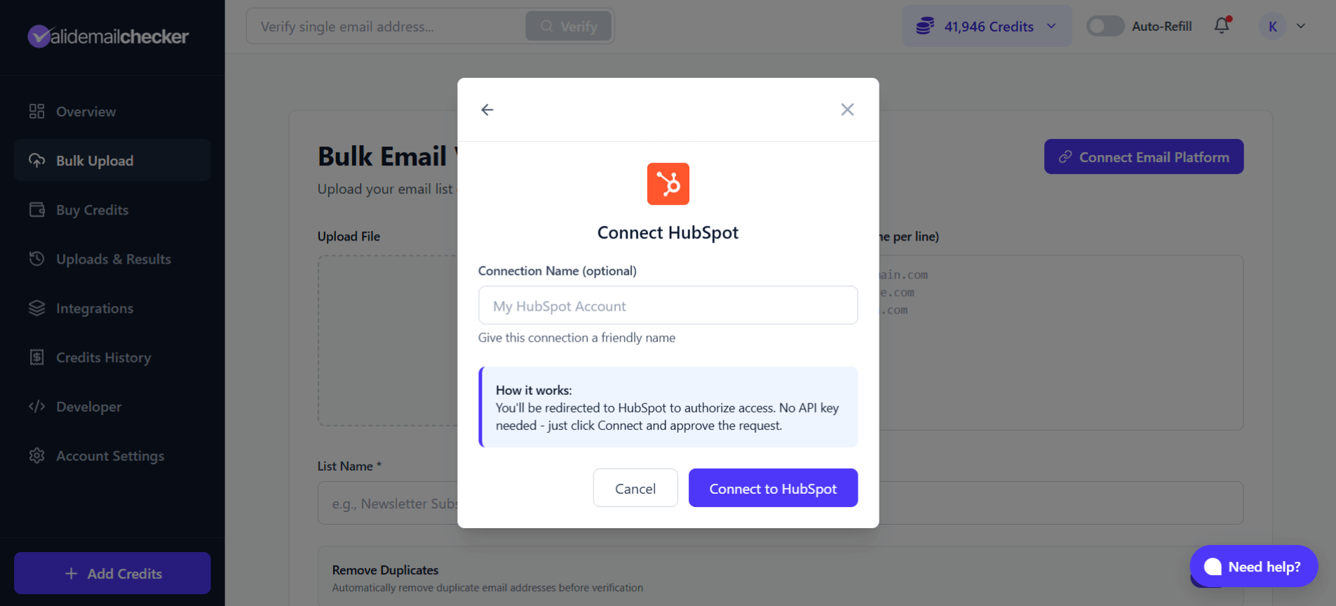 Connect HubSpot modal showing connection name and OAuth flow explanation