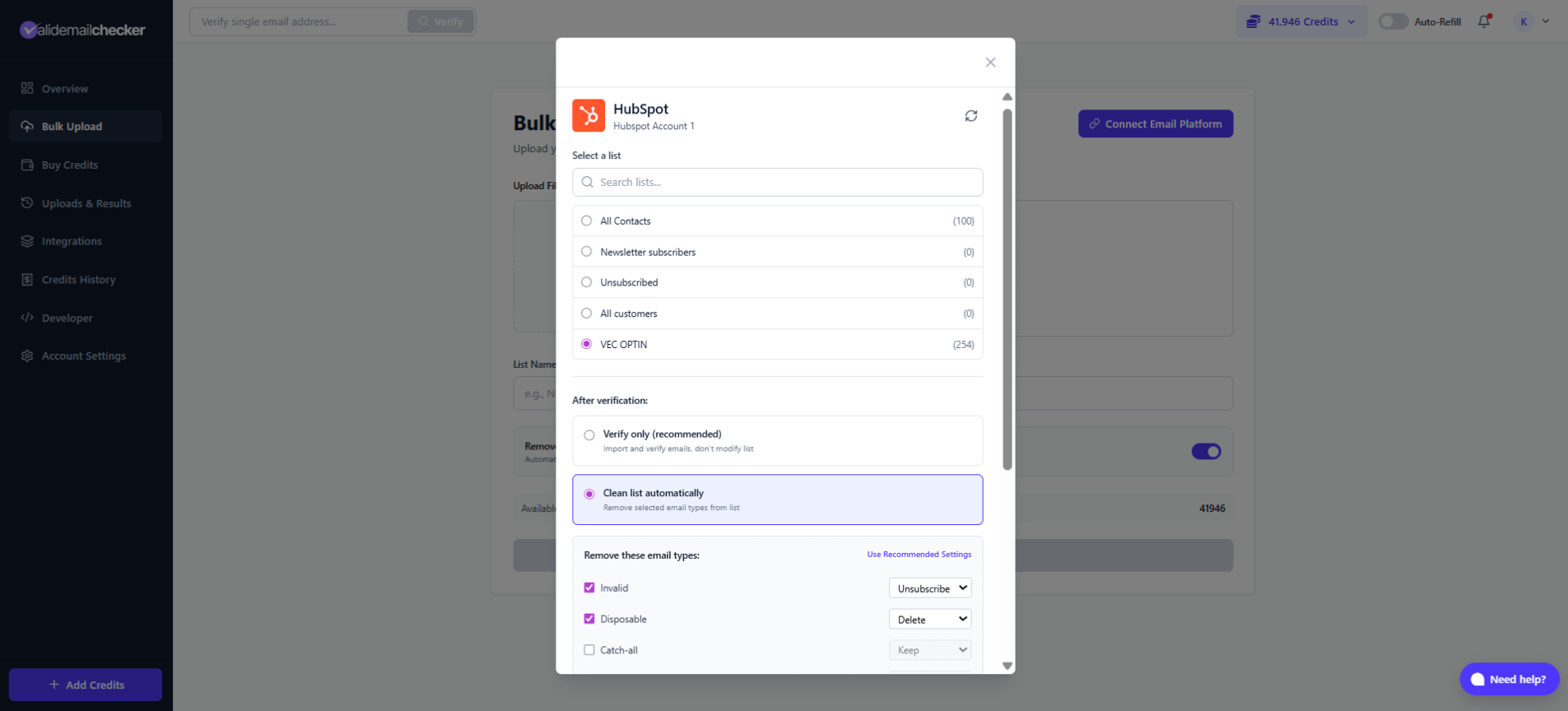 HubSpot list selection showing contact lists with subscriber counts and verification options