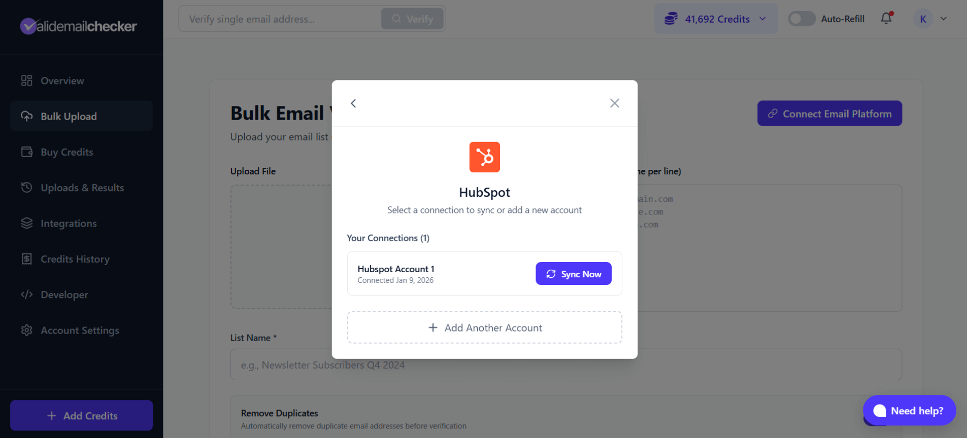 Multiple HubSpot connections modal showing existing connection and add new option