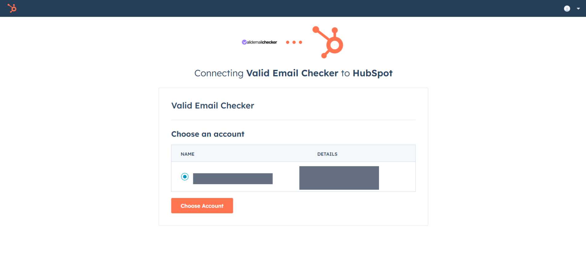 HubSpot OAuth page showing account selection for Valid Email Checker