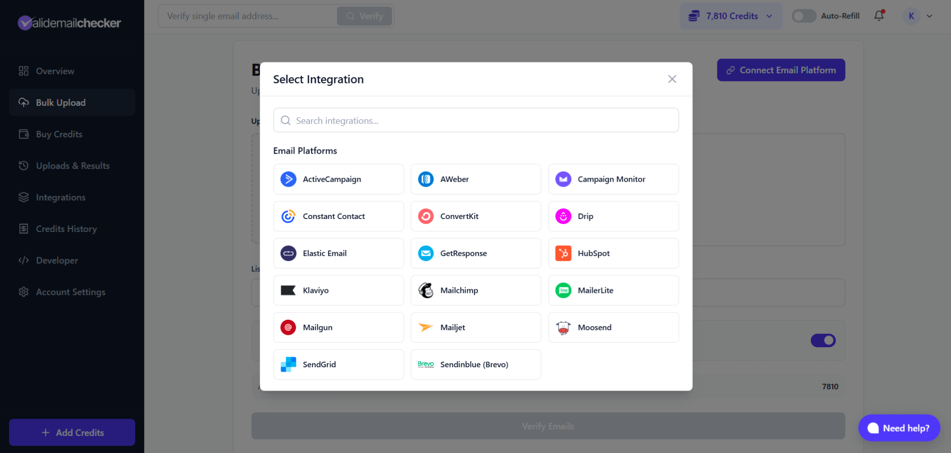 Email platform integrations modal