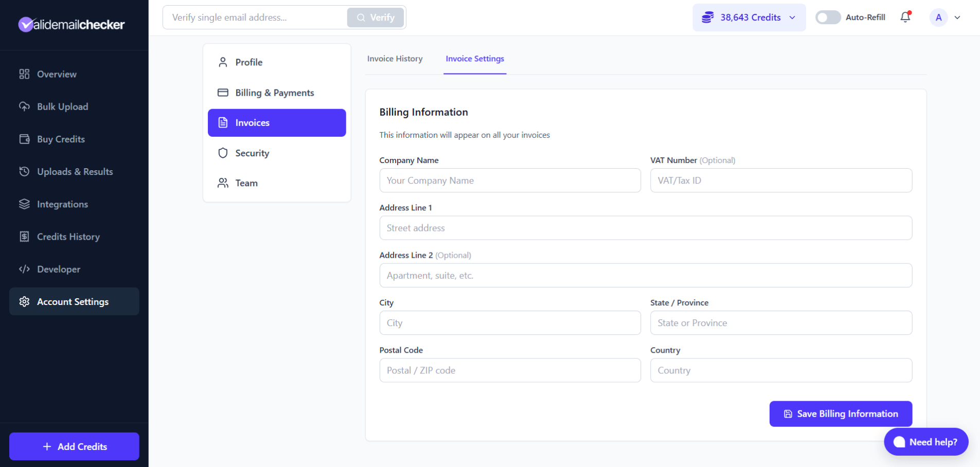 Invoice Settings page for billing information