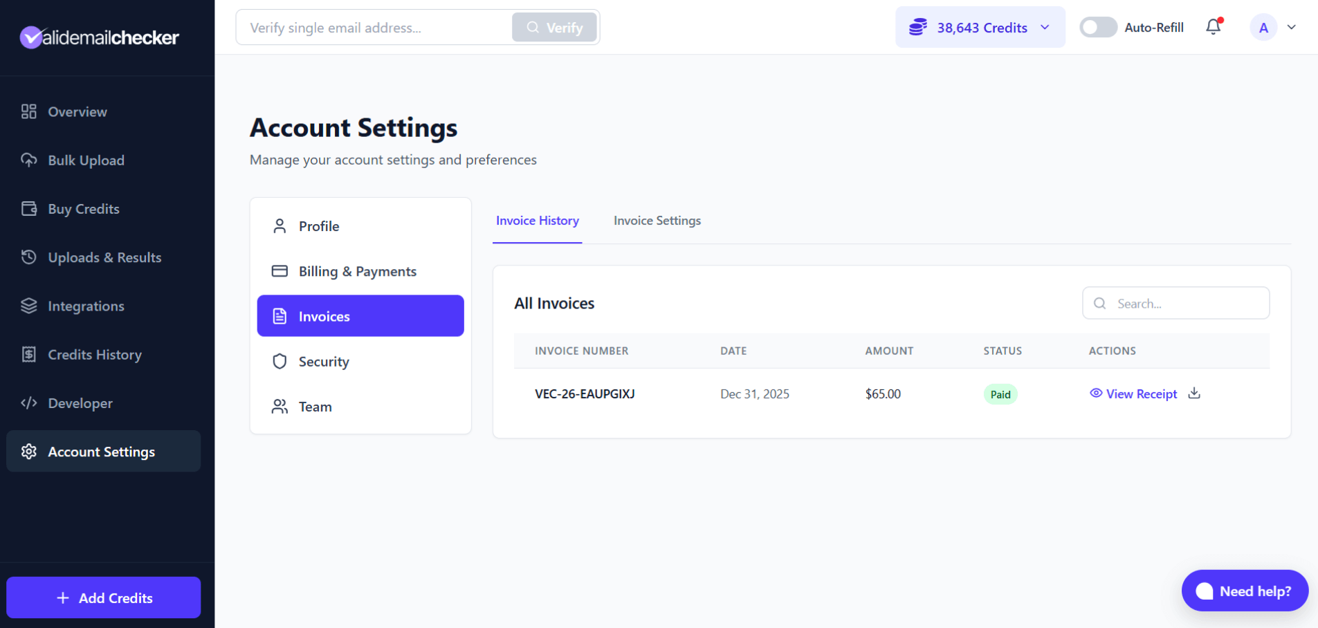 Invoice History showing all past invoices with download options