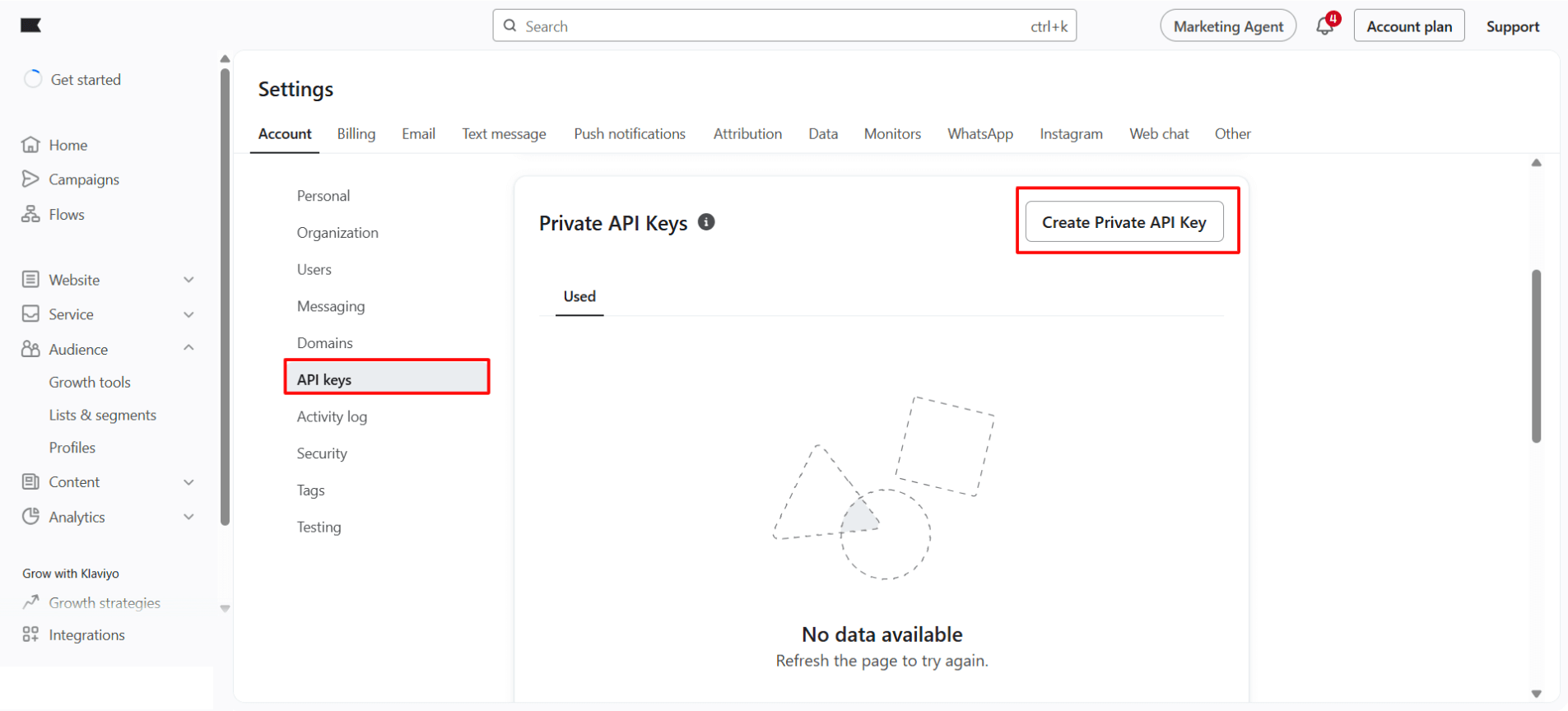Klaviyo Settings page showing API keys section with Create Private API Key button