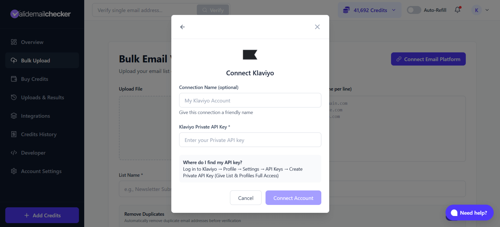 Valid Email Checker connection modal for Klaviyo asking for connection name and Private API Key