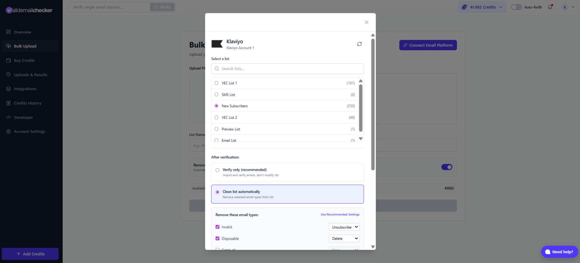 Klaviyo list selection showing available lists with subscriber counts and verification options