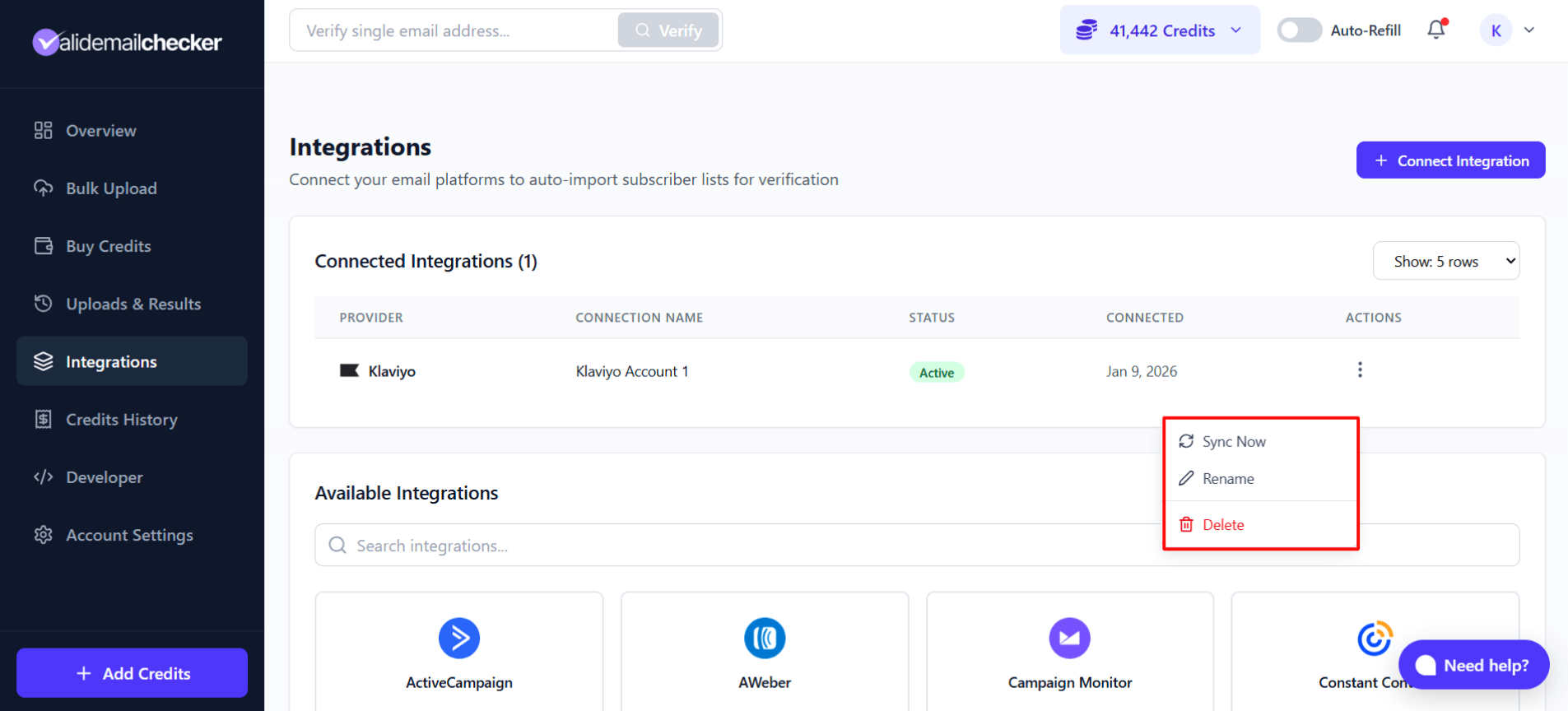 Integrations page showing connected Klaviyo account with three-dot menu options