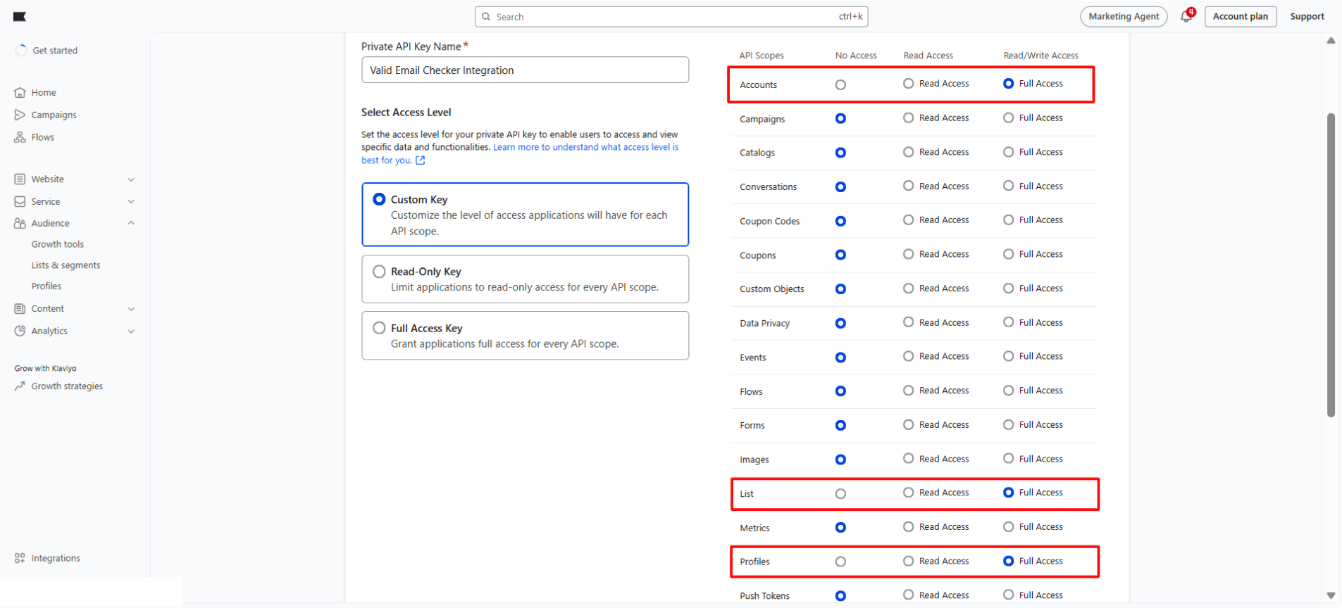 Klaviyo API key creation showing Custom Key selected with Accounts, List, and Profiles set to Full Access