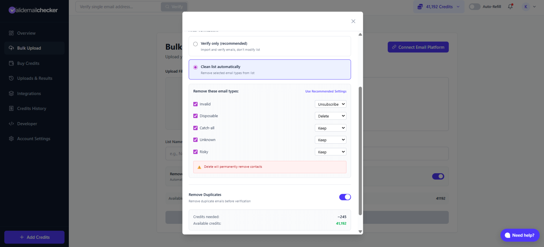 Clean list automatically with options for each email type