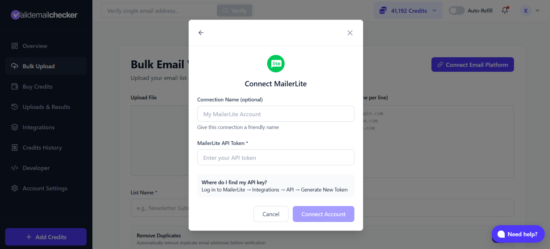 Connect MailerLite modal showing connection name and API token fields
