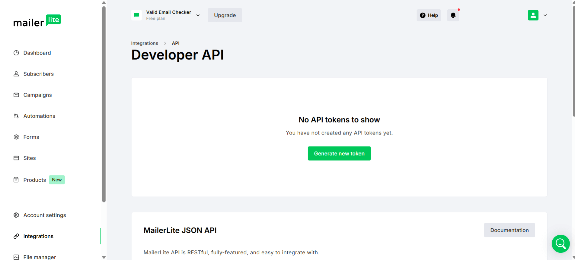 MailerLite Developer API page with Generate new token button