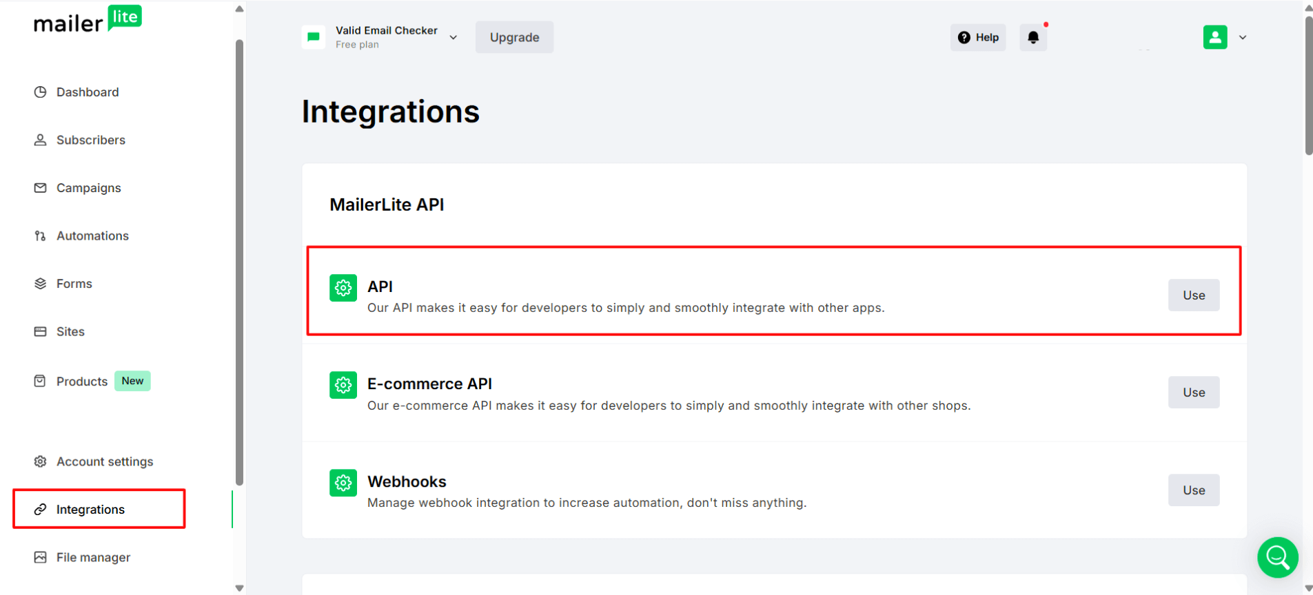 MailerLite Integrations page showing the API option under MailerLite API section