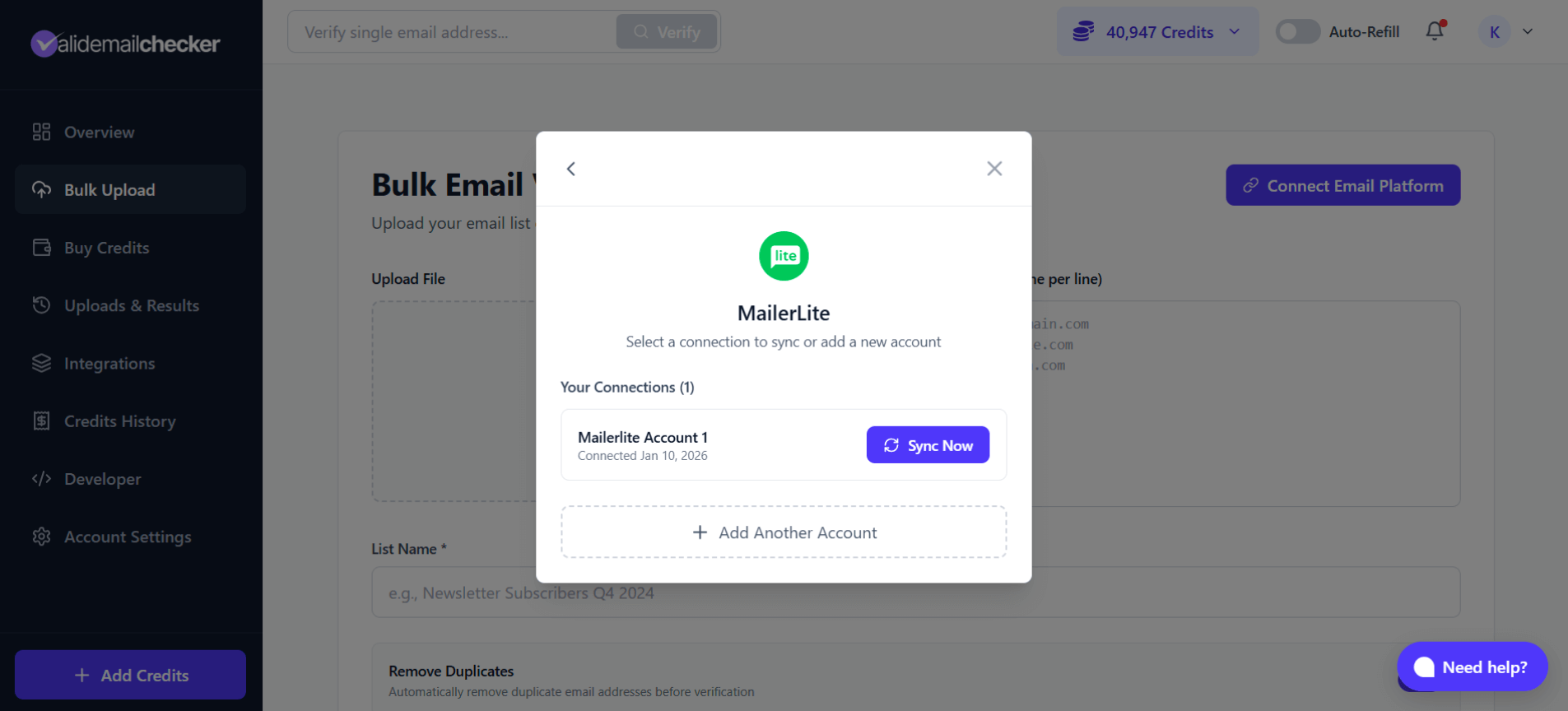 Multiple accounts modal showing existing connection with Sync Now and Add Another Account options