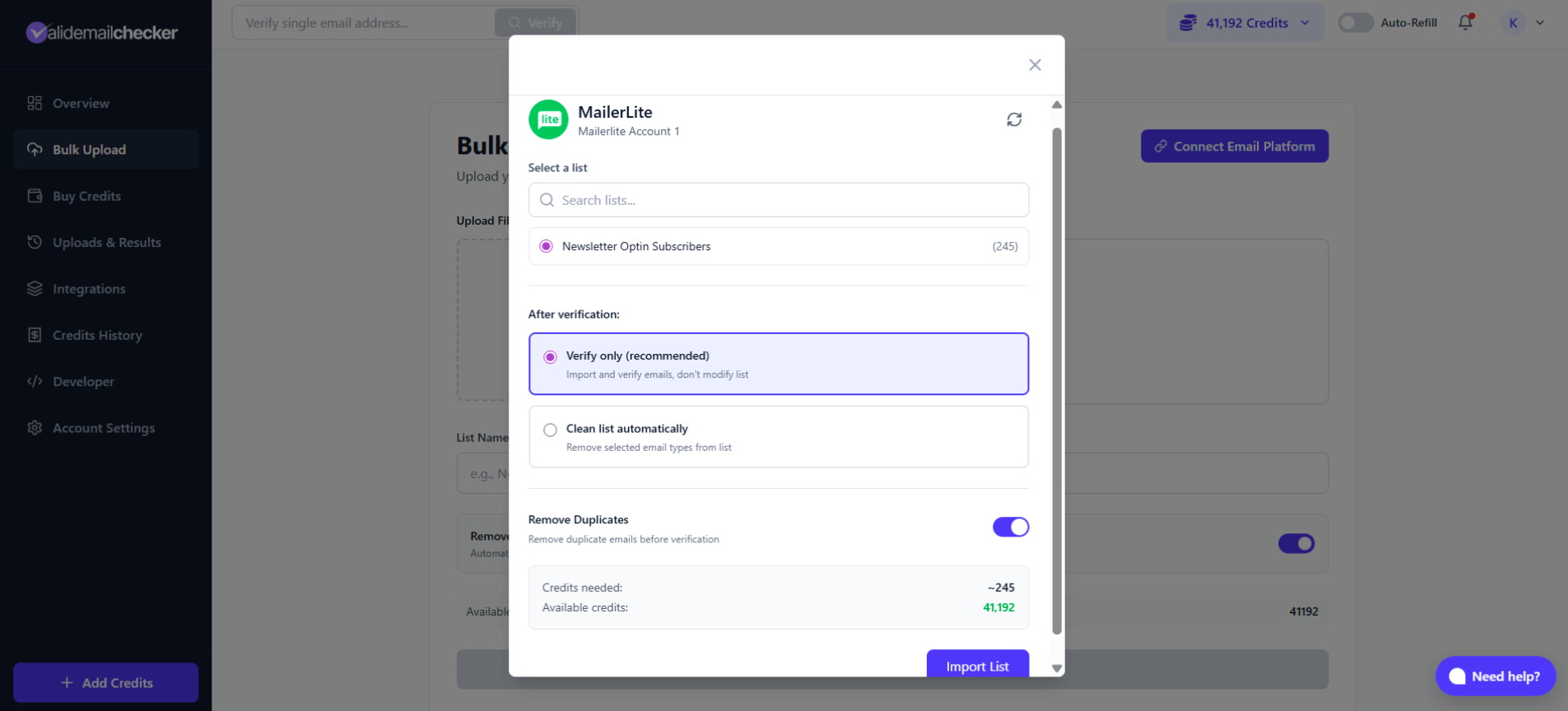 List selection showing subscriber list with count and verification options