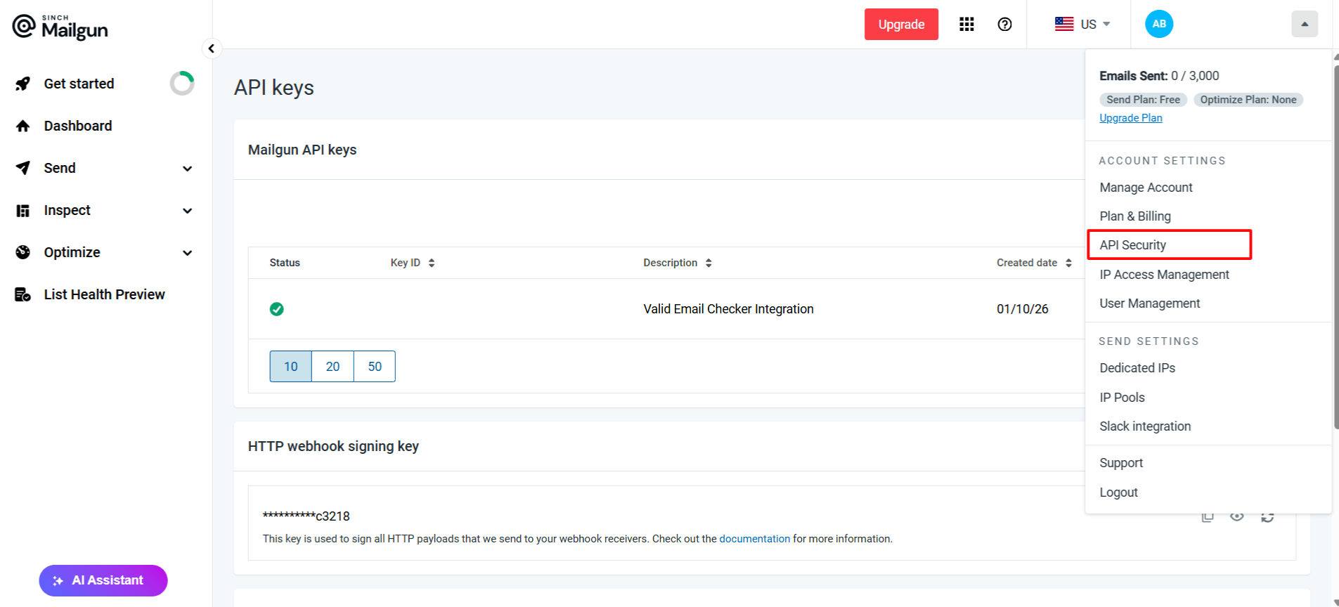 Mailgun API Security page showing API keys management