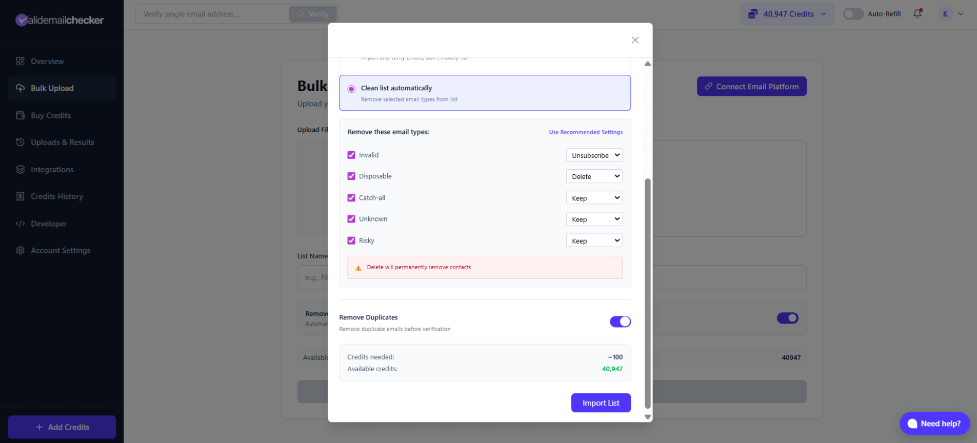Clean list automatically options for Mailgun