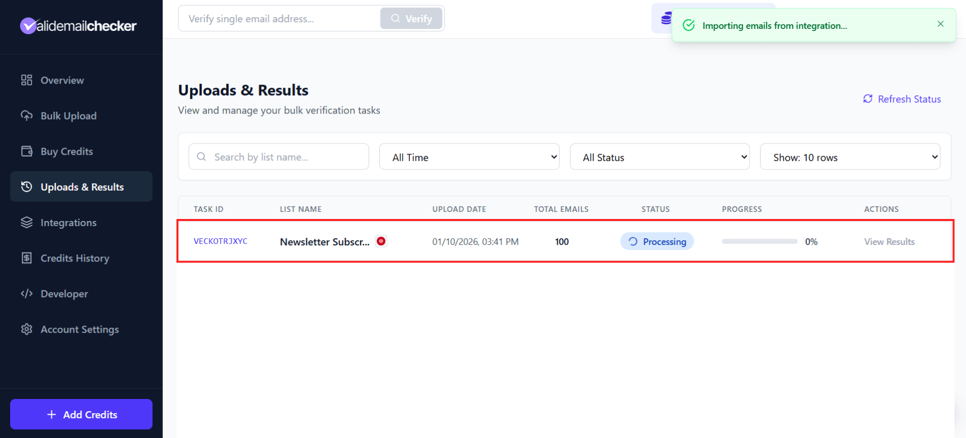 Verification progress showing Mailgun import
