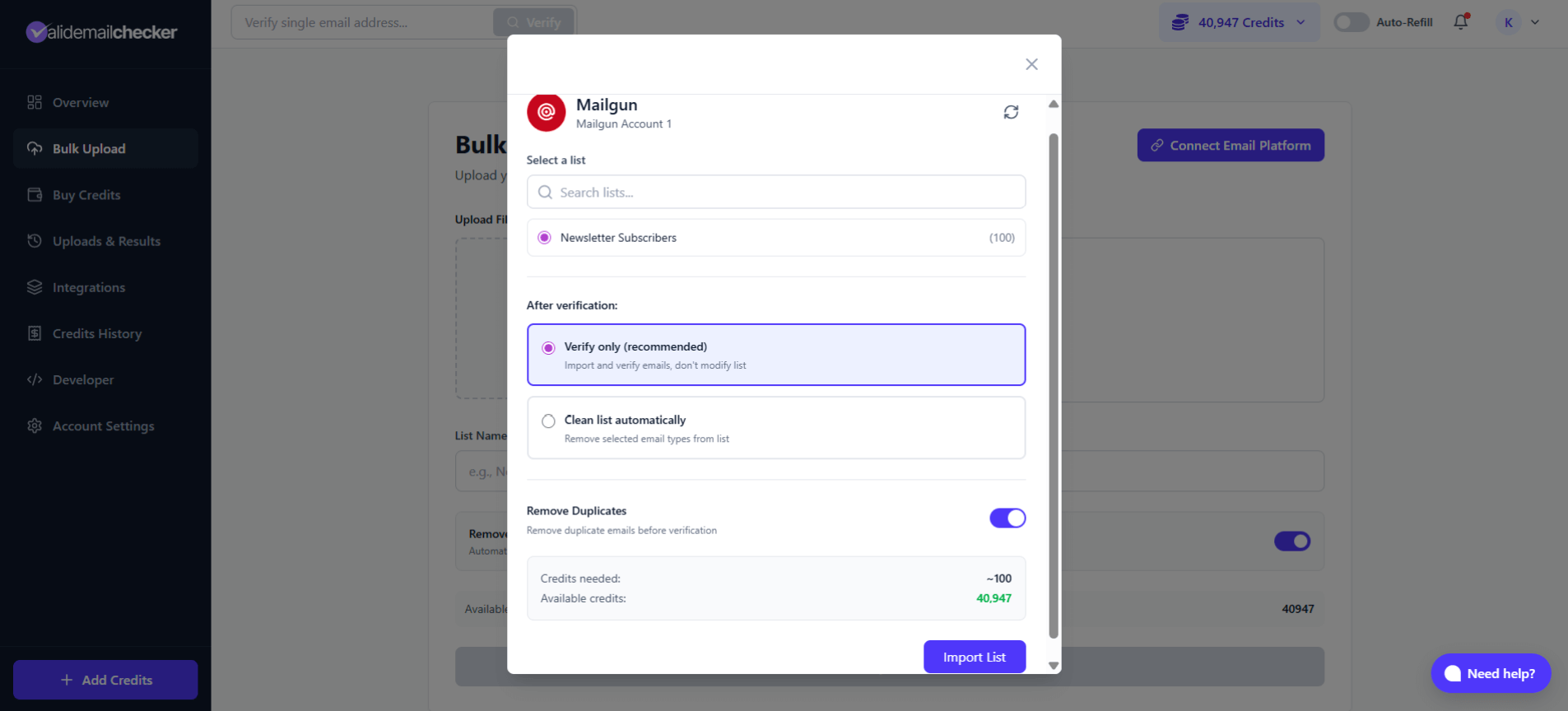 Mailgun list selection with verification options