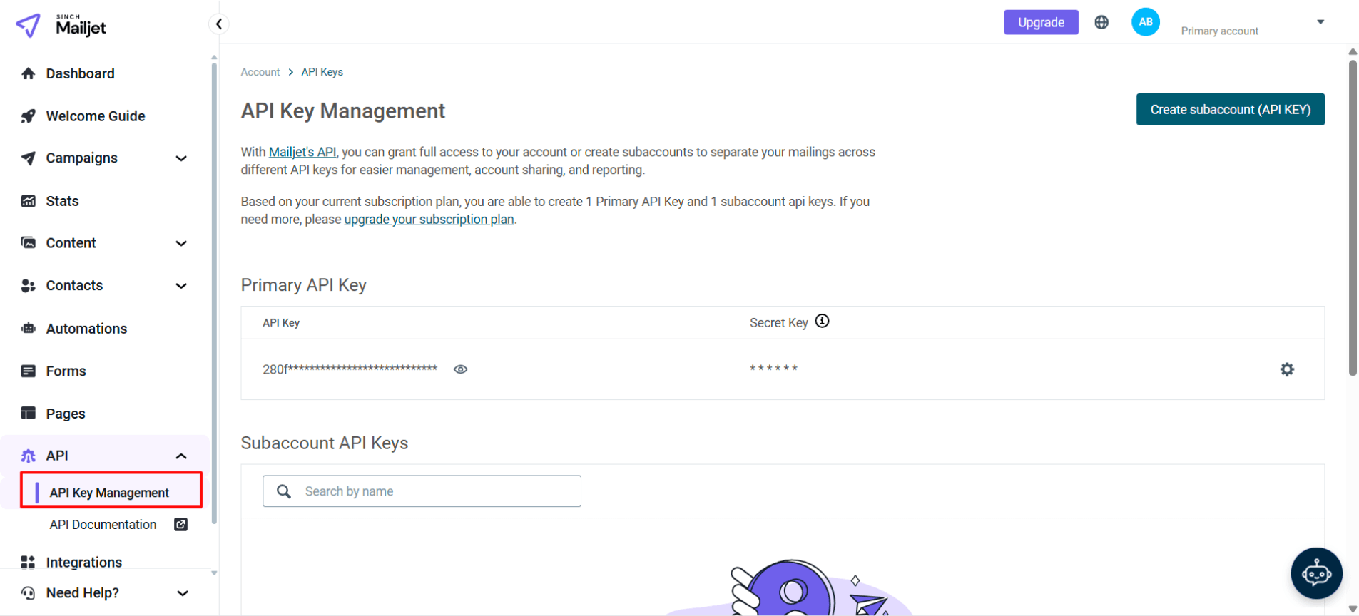 Mailjet API Key Management page showing API credentials