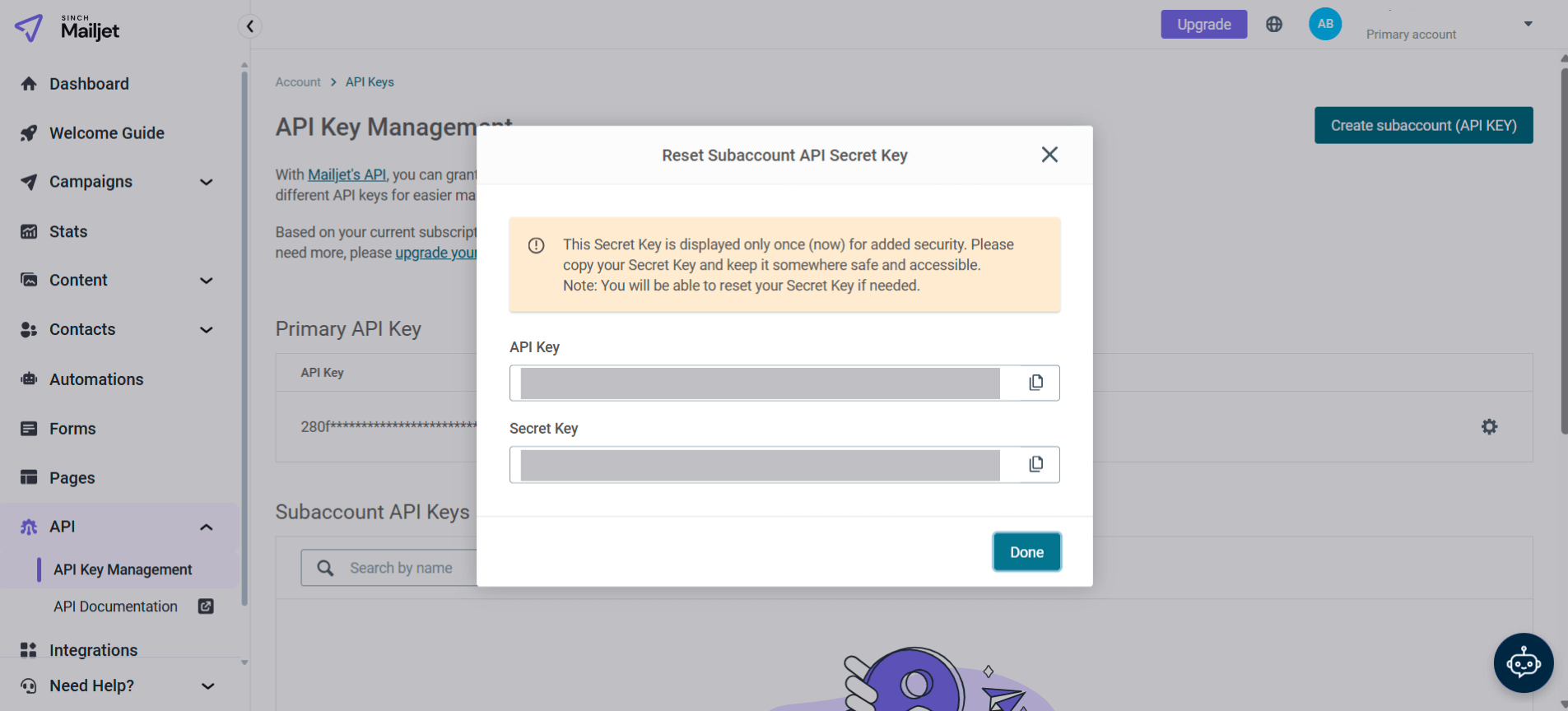 Mailjet showing both API Key and Secret Key with copy buttons