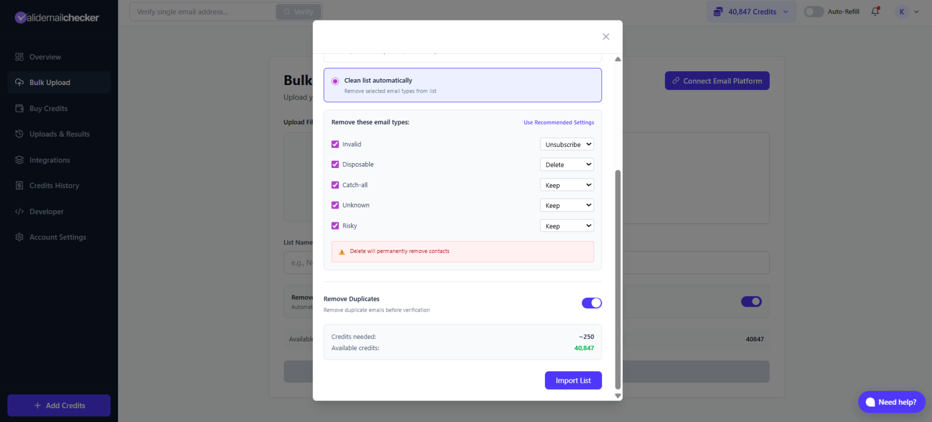 Clean list automatically options showing email types and actions