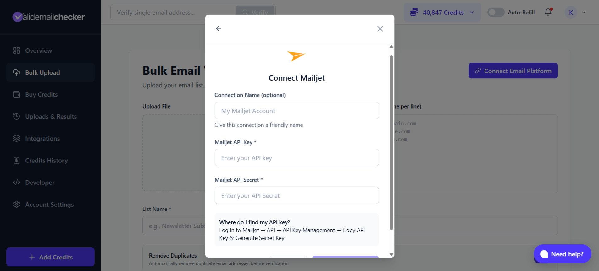 Connect Mailjet modal showing API Key and Secret fields