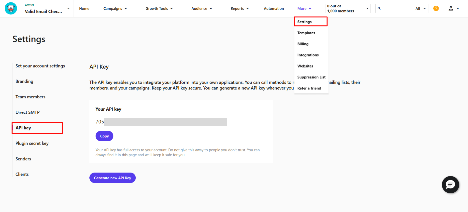 Moosend API Key settings page showing where to find and copy your API key
