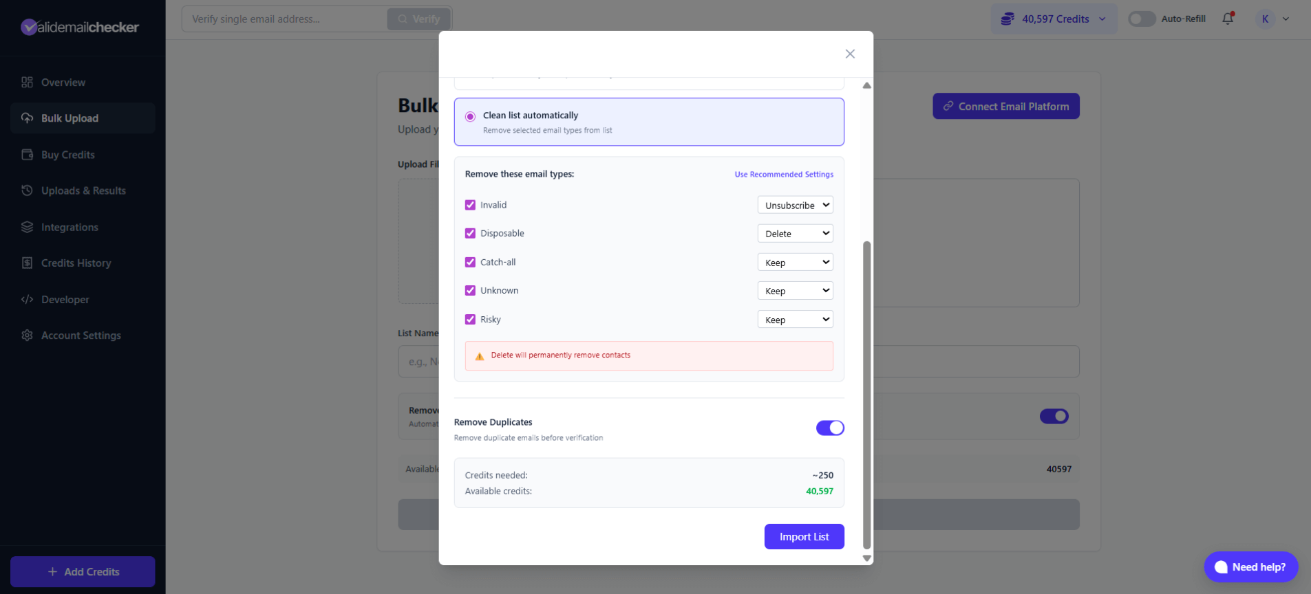 Clean list automatically settings with action options