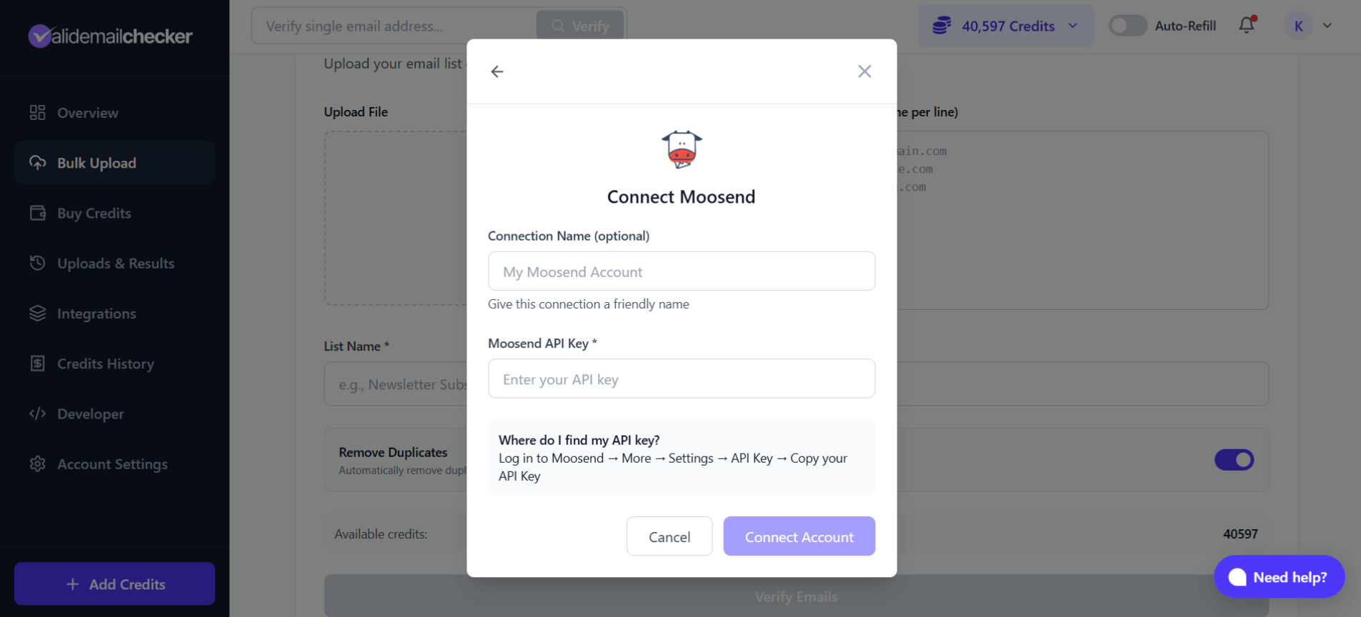 Connect Moosend modal with API key field