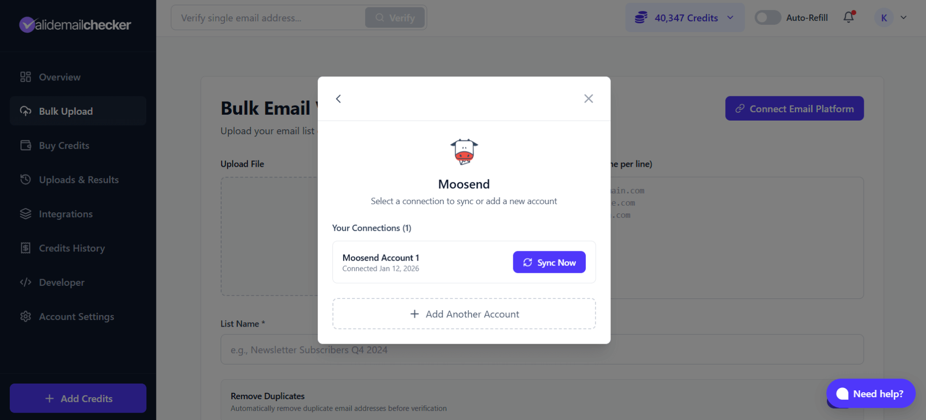 Multiple accounts modal showing existing connections