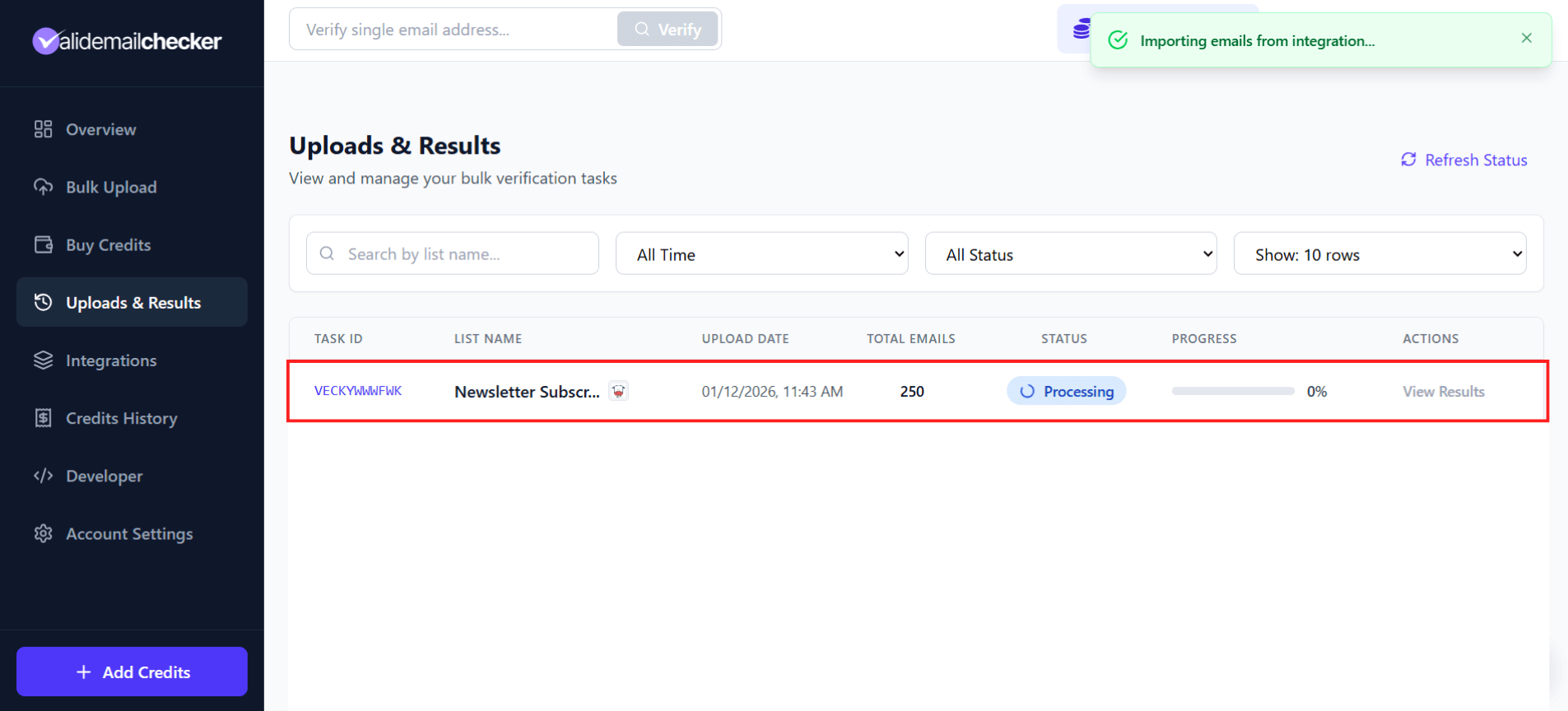 Uploads &amp; Results page showing Moosend verification in progress
