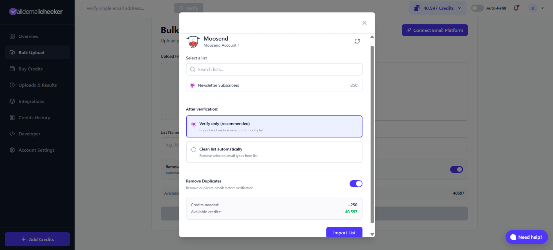 Moosend list selection with verification options