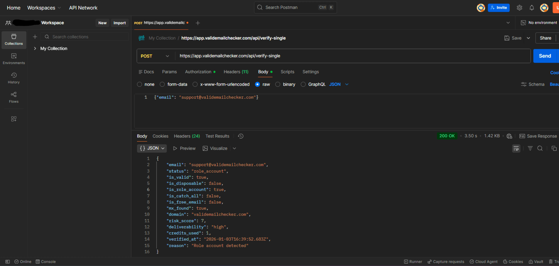 Postman showing real API response