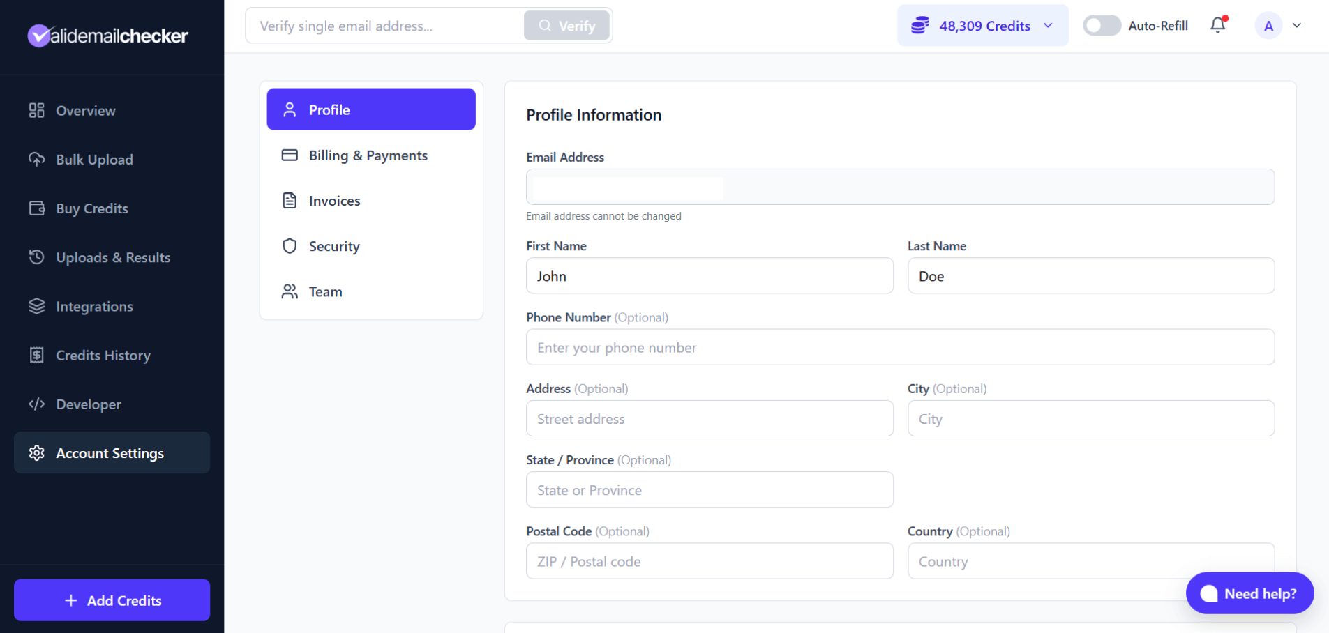 Profile Settings page showing personal information fields