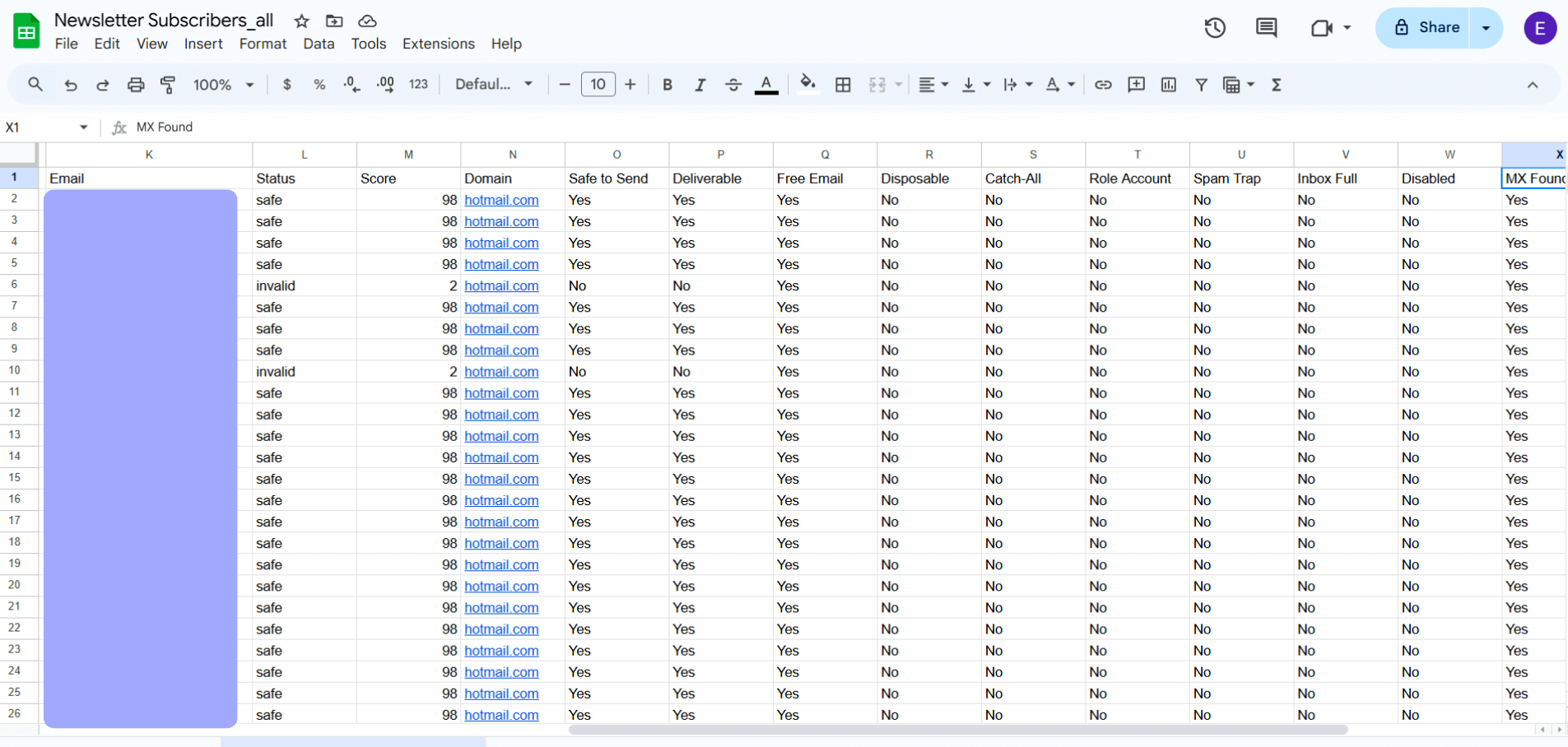 Email verification results opened in spreadsheet showing all columns