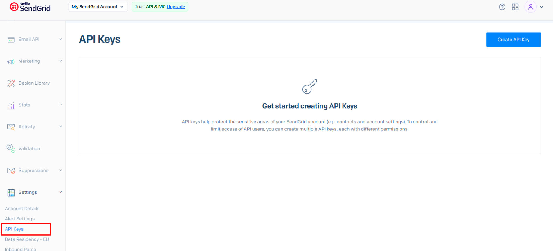 SendGrid API Keys page under Settings