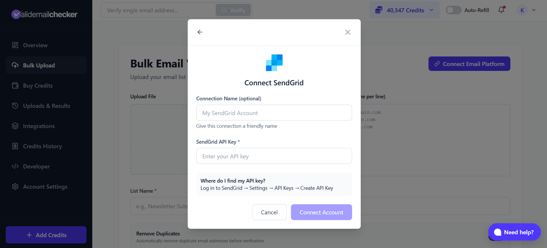 Valid Email Checker SendGrid connection modal
