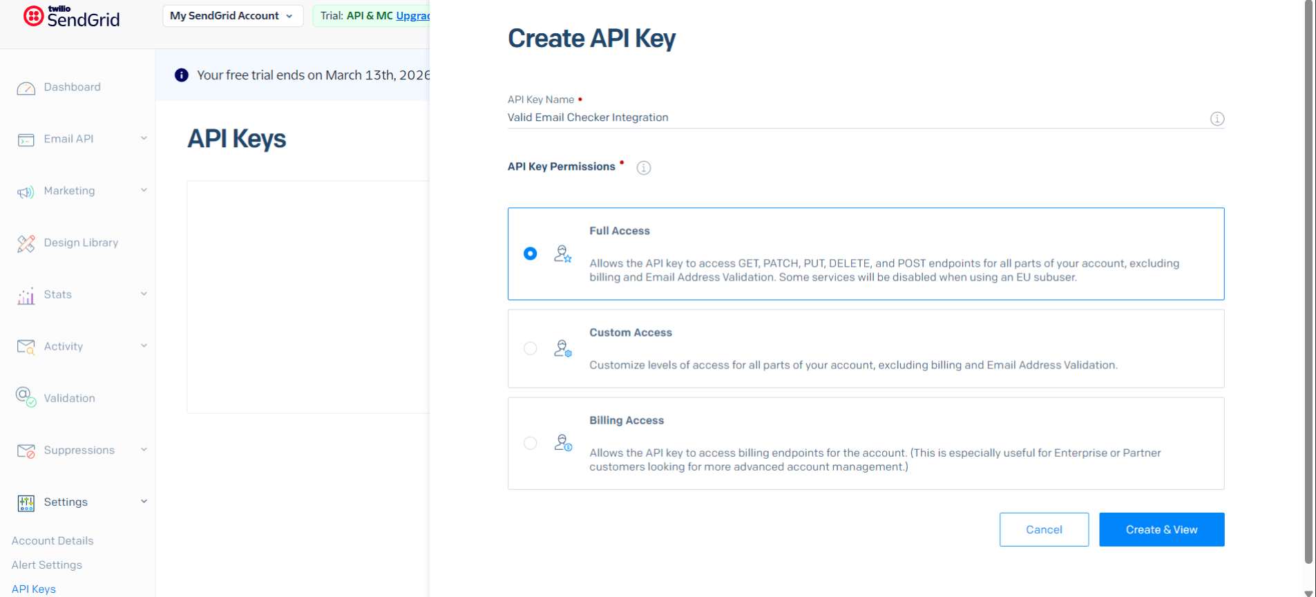 SendGrid Create API Key modal with permission options