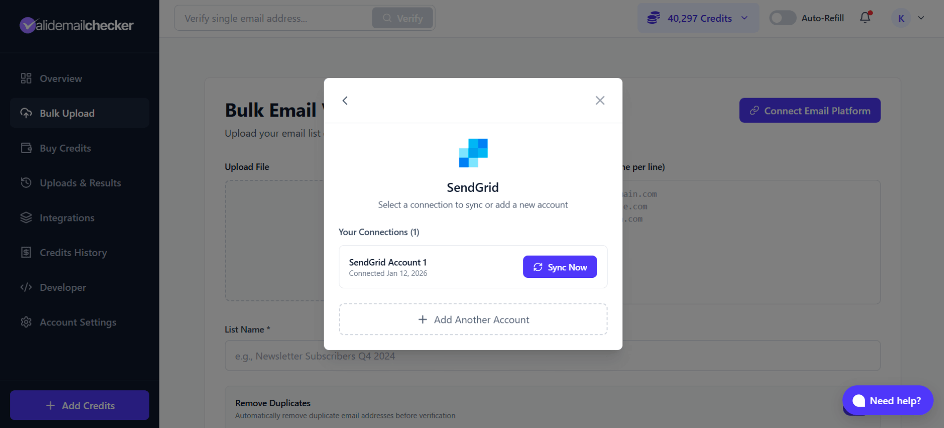Integrations page showing connected SendGrid account