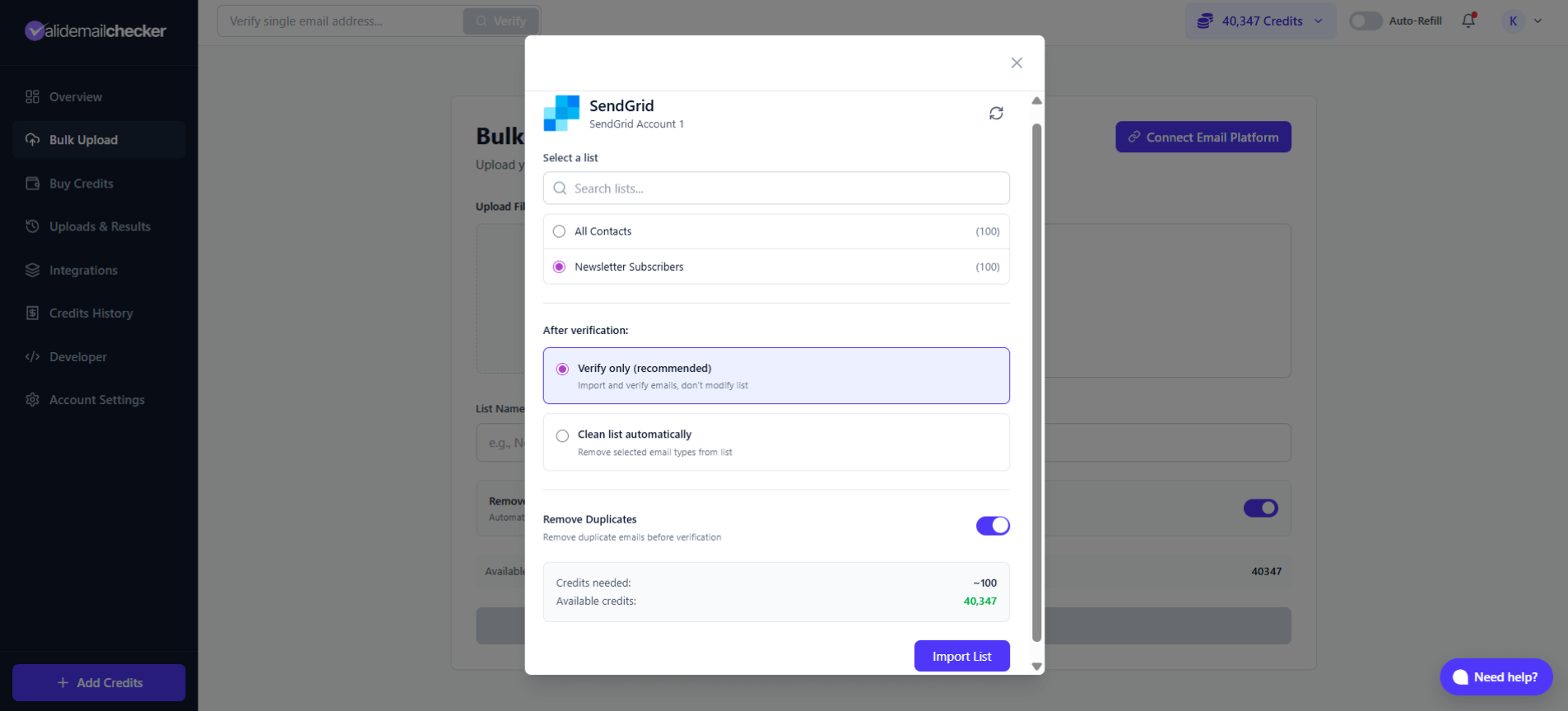 SendGrid list selection with verification options