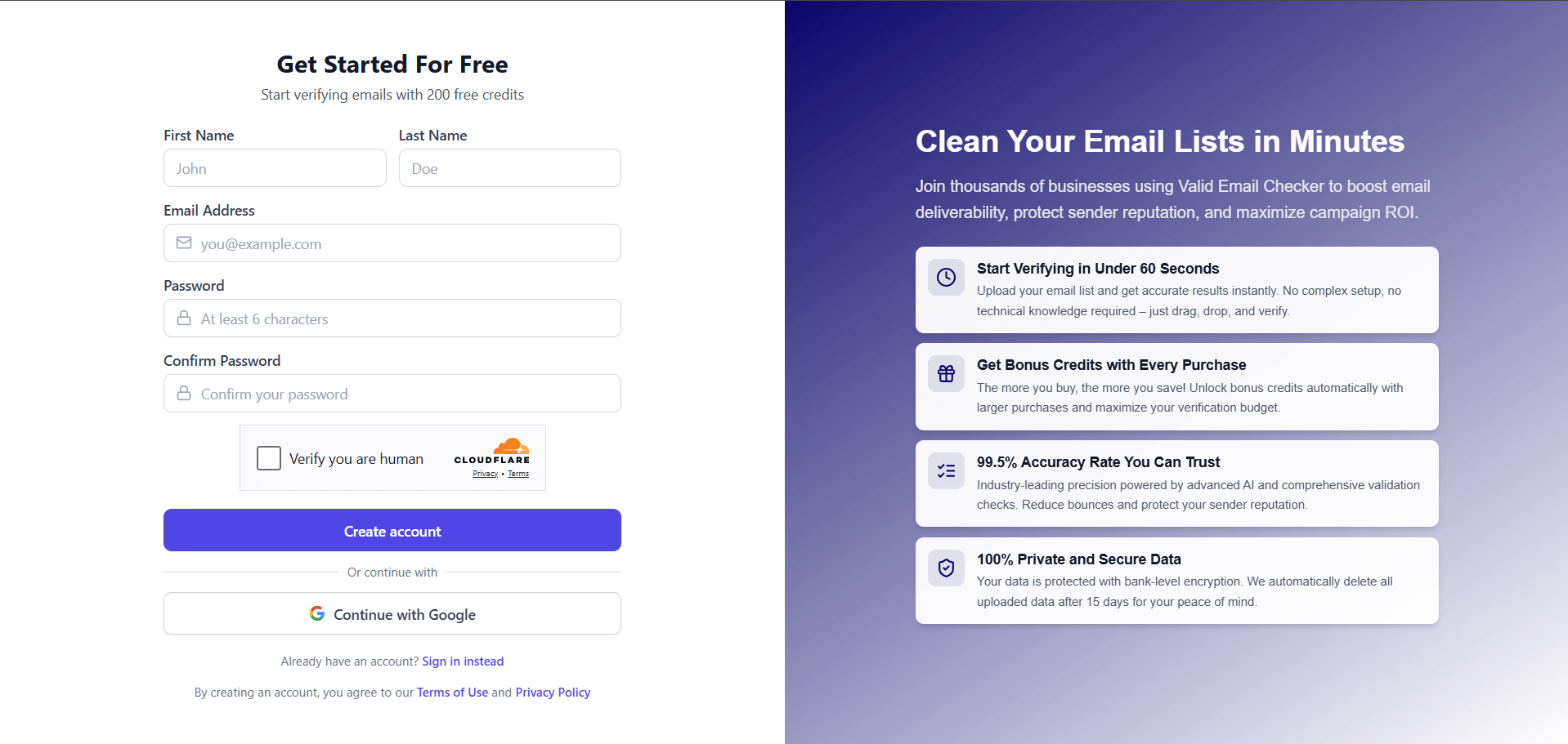 Valid Email Checker signup page