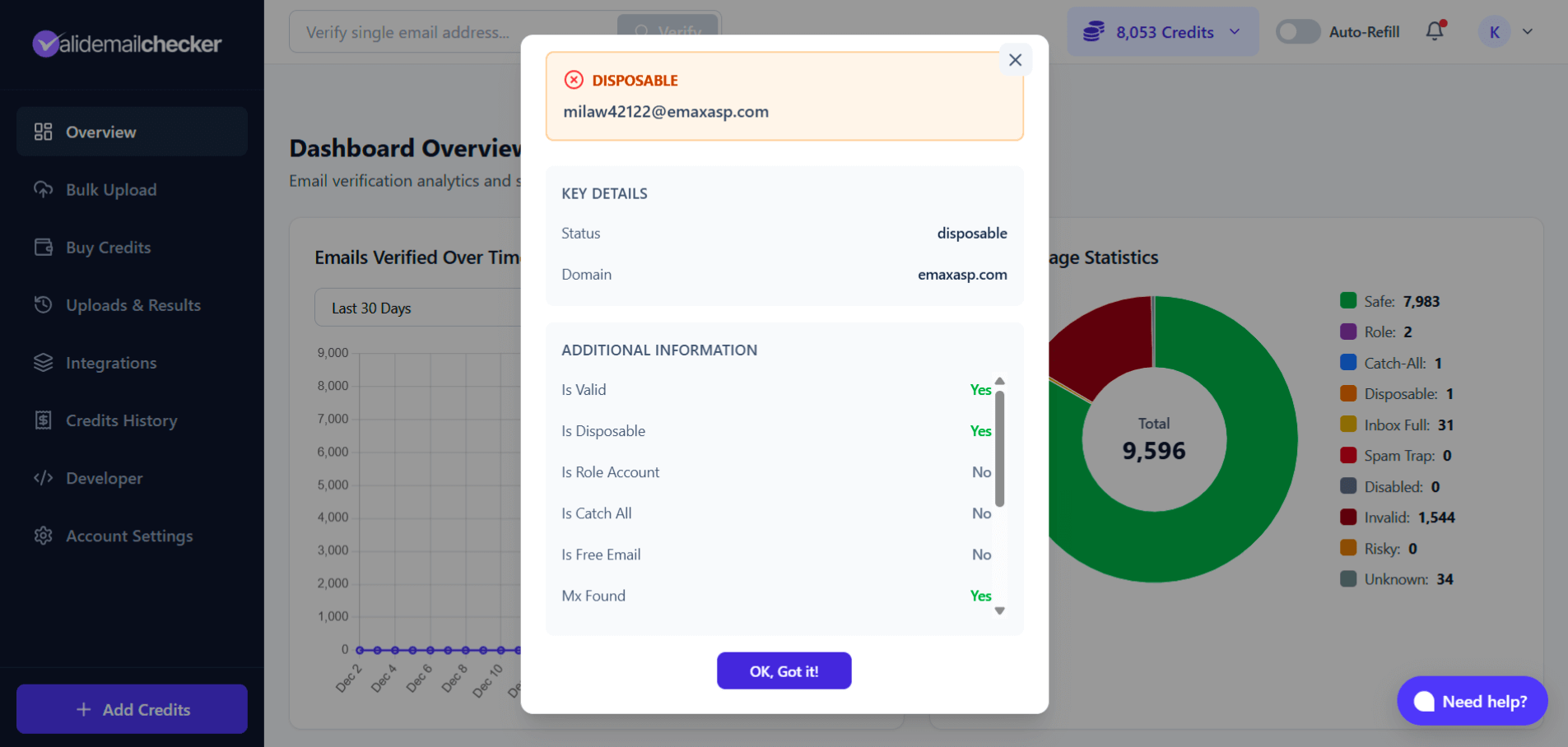 Single email verification results showing status, domain, and additional details